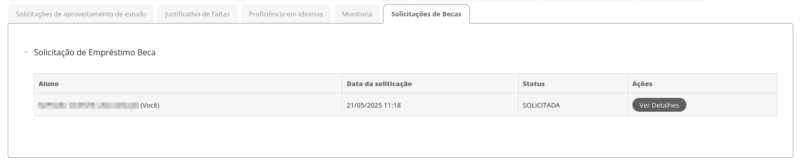 Imagem na aba de solicitação de becas mostrando a listagem