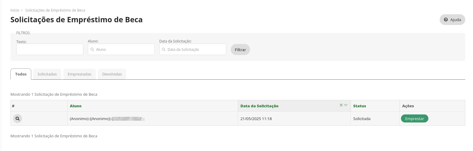 Imagem na tela de listagem de solicitações dos alunos